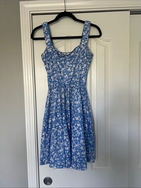 Blue Floral Square-Neck Mini Sun Dress Size Small With Pockets
